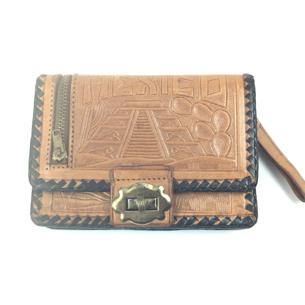 Vintage Hand Tooled Leather Wallet Aztec Mexico 1960s 1970s‎ Boho Satchel EUC